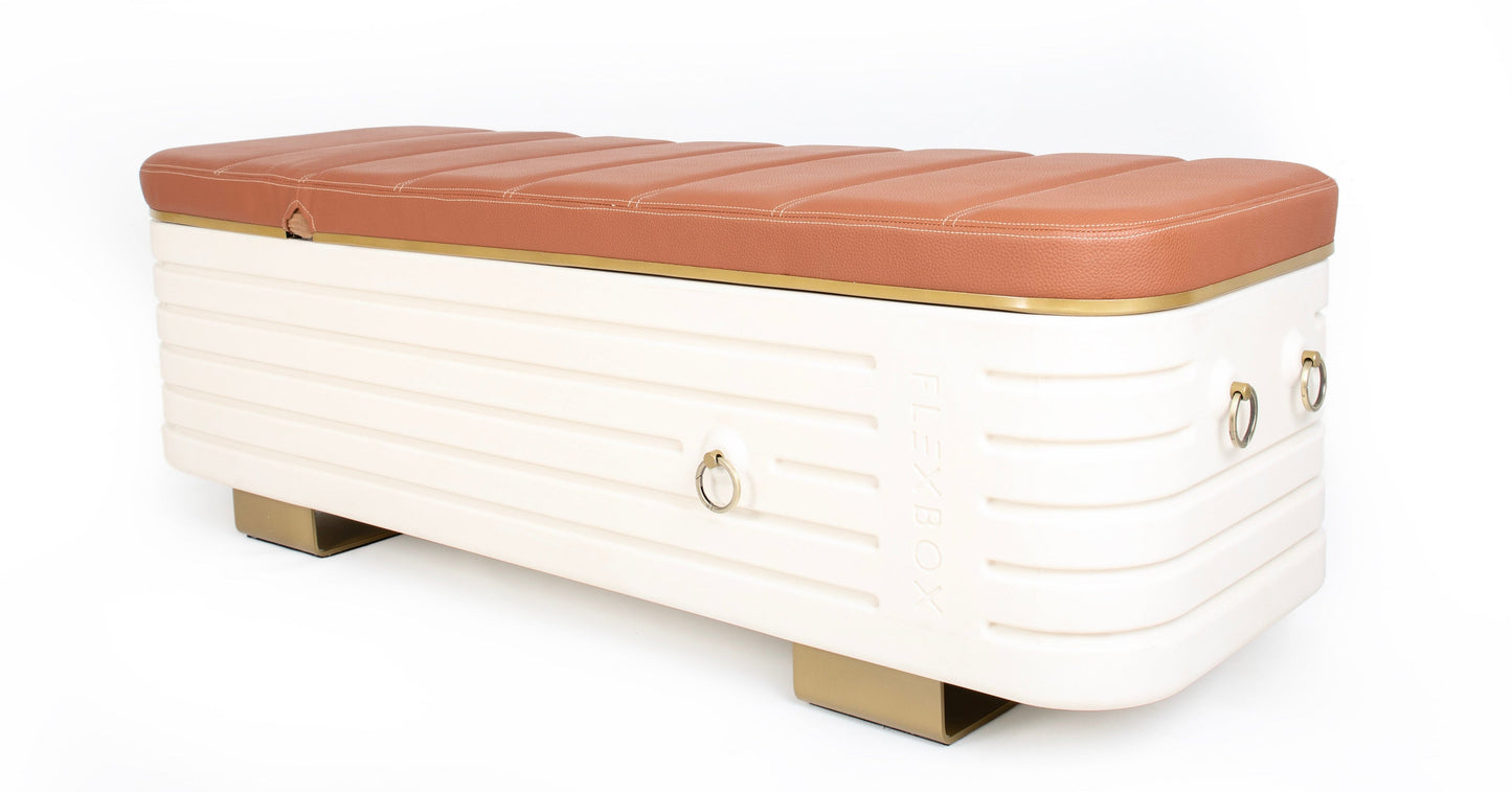 White storage bench with brown cushion on a white background
