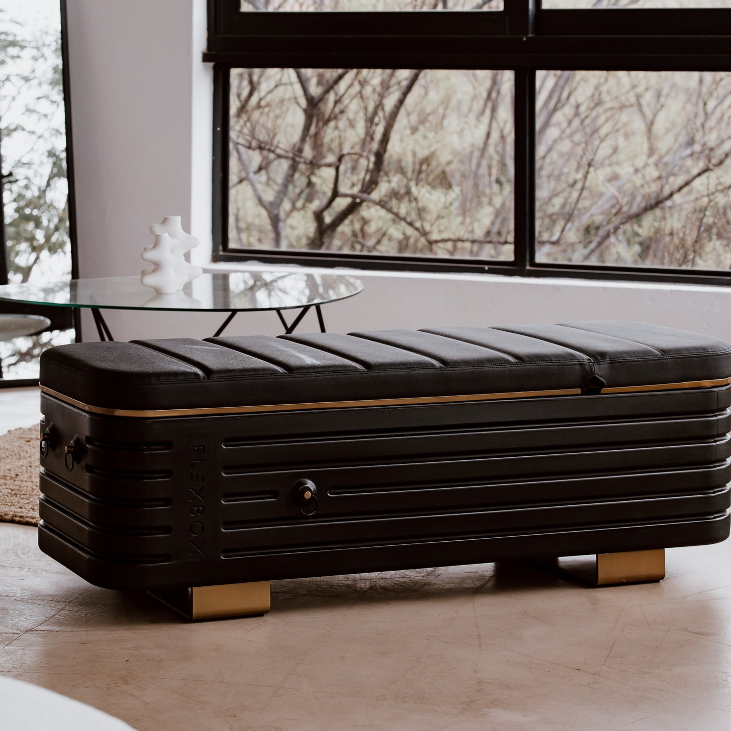 Black storage bench with gold accents in a room with large windows showing trees outside.
